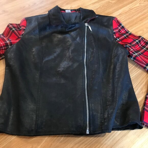 Womens Nygard Shirt Zip Front Medium Black Faux Leather & Red Plaid Long Sleeve - Picture 4 of 11
